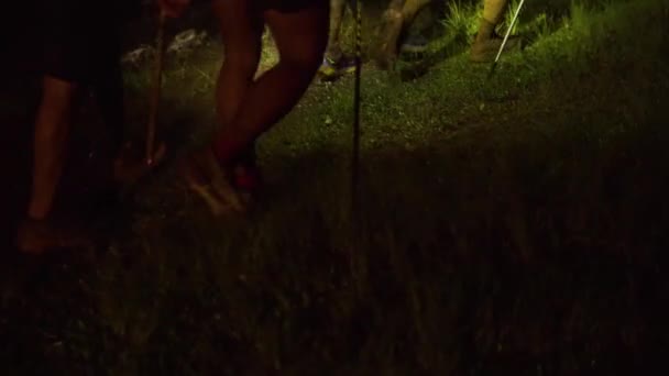 Kelompok Orang Lelah Trail Berjalan Malam Hari — Stok Video