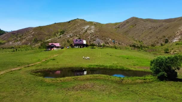 Drone Shot Van Mensen Die Naar Hun Huis Lopen — Stockvideo