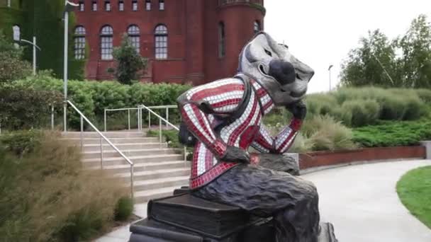 Статуя Бакі Беджер Кампусі Університету Вісконсина Медісоні Штат Вісконсин Навколо — стокове відео