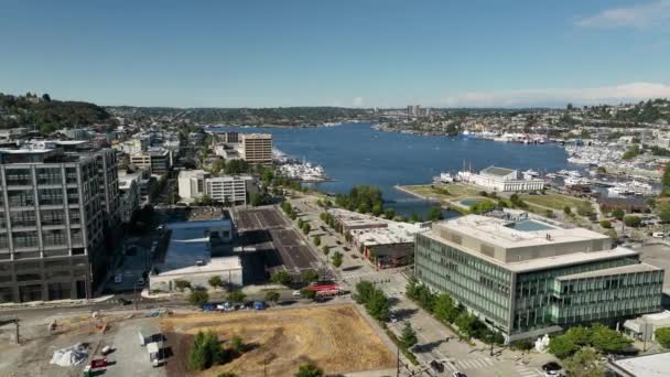 Aerial Shot Passing South Lake Union Buildings Reveal Center Wooden — Stock Video