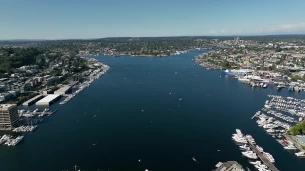 Široký Záběr Lake Union Seattlu Teplého Letního Dne Plného Lodí — Stock video