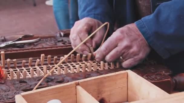 Alte Tischlerhände Der Werkstatt Weben Weidennetz Mit Winzigem Hammer Und — Stockvideo