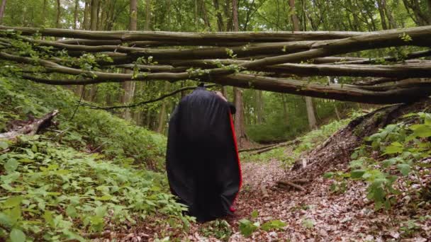 森の中で踊る黒いフード付きのクロークのグリムリーパーのバックビュー — ストック動画