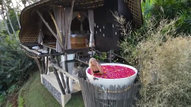 Drone Shot Seksownej Blondynki Różowym Jacuzzi Wypełnionym Bambusowym Domu Bali — Wideo stockowe