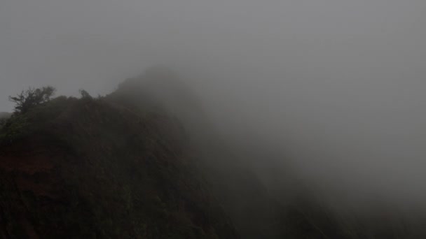 Dichter Nebel Und Kaltes Wetter Auf Einem Nebligen Berggipfel — Stockvideo