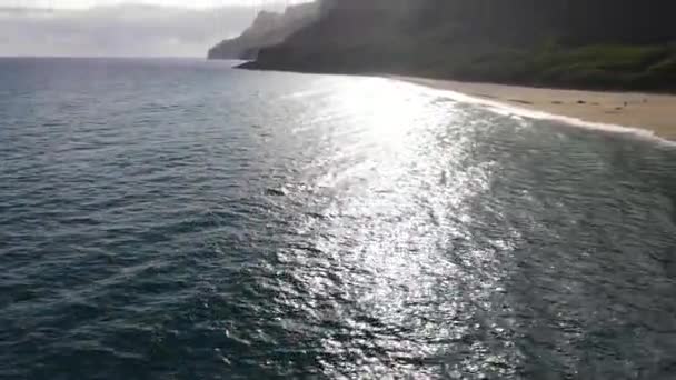 ナパリ海岸 カウアイ島 ハワイの海の波と砂浜の上を飛ぶ — ストック動画