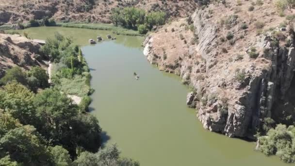 Drone Sobrevoando Verde Olhando Rio Tajo Toledo Espanha Restos Uma — Vídeo de Stock
