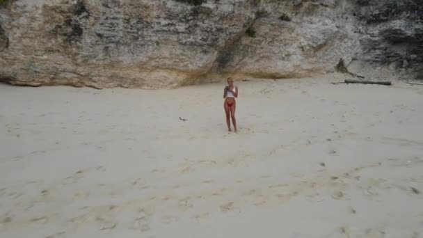 Zdjęcie Drona Ładnej Blondynki Czerwonym Bikini Piaszczystej Tropikalnej Plaży — Wideo stockowe