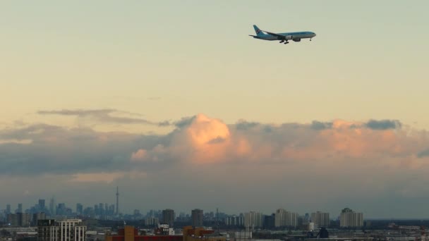 Korean Air Boeing 777 Airplane Flying Cityscape Skyline Toronto Canada — Stock Video