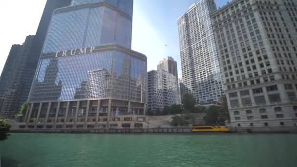 Downtown Chicago Usa Panorama Riverwalk Skyscrapers Buildings Dusable Bridge — стокове відео