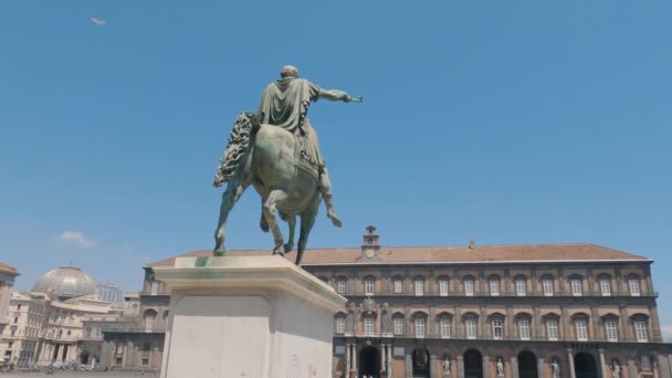 Statuie Ecvestră Fața Palatului Regal Din Napoli Napoli Italia Panning — Videoclip de stoc