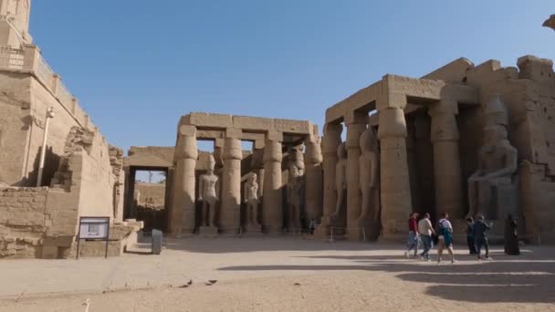 游客们参观埃及卢克索神庙的废墟 宏伟的柱子和雕像 — 图库视频影像