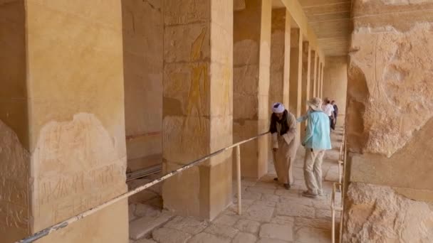 Tour Guide Going Barrier Mortuary Temple Hatshepsut Sunny Day Tourists — Stock Video