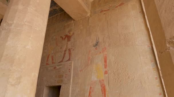 Hermosos Jeroglíficos Las Paredes Del Templo Funerario Hatshepsut Frente Ciudad — Vídeos de Stock