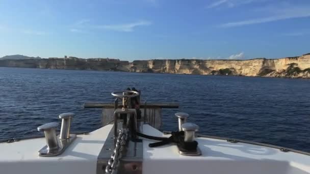 First Person View Bow Sailing Boat Moving Forward Navigating Bonifacio — стоковое видео