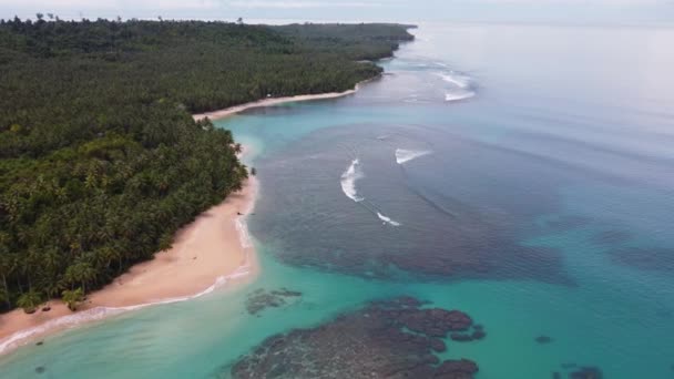 砂のビーチベイの無人航空機の自然ショットインド洋波サンゴ礁熱帯旅行観光メンタワイ諸島スマトラ島インドネシア4K — ストック動画