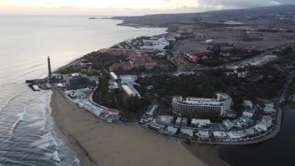 Sandklitter Møder Atlanterhavet Top Udsigt Maspalomas Klitter Luftfoto Gran Canaria – Stock-video