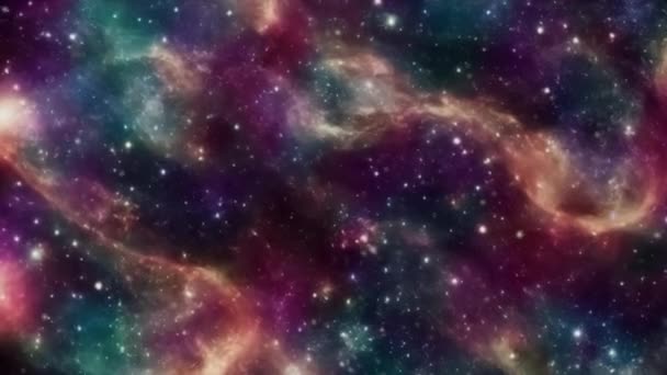 虹色の星雲は銀河や惑星や星とともに宇宙を飛んでいます — ストック動画