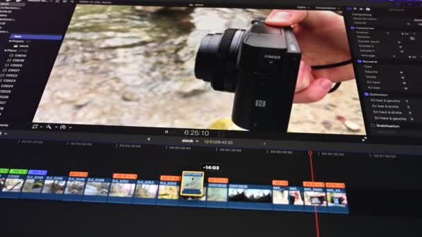Screen View Editor Editing Rushs Camera Nature Timeline Slow Clips — Stock Video