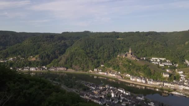 Aufnahme Der Mittelalterlichen Burg Der Burg Cochem Morgensonnenaufgang — Stockvideo