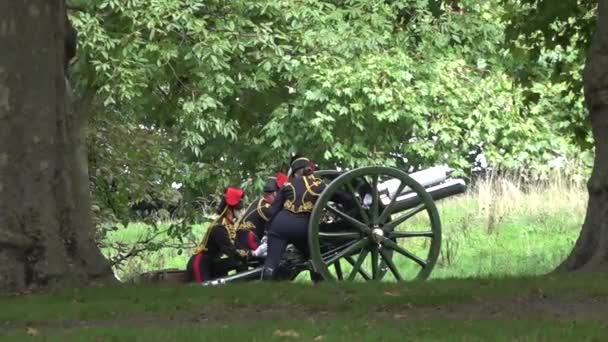 Household Cavalry 일원들은 중심부 하이드 파크에서 절차중 엘리자베스 기념하기 총성을 — 비디오