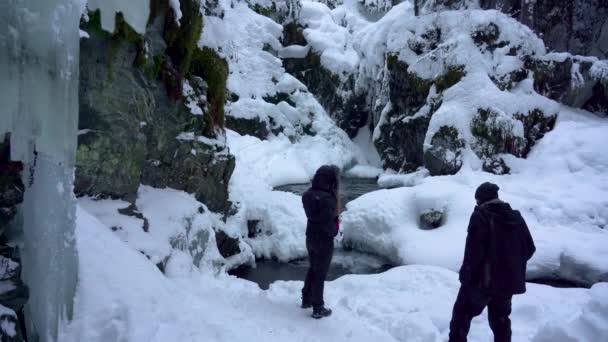 Birkaç Insan Kış Boyunca Alaska Bir Derenin Kenarında Karda Selfie — Stok video