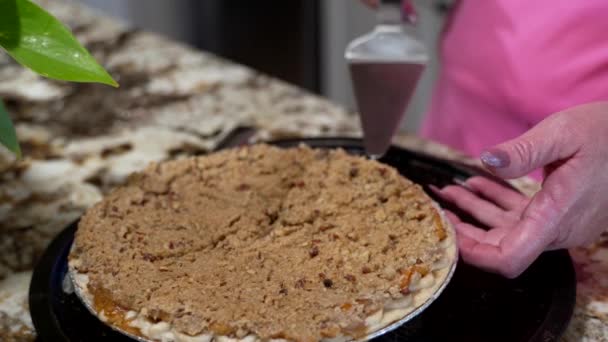 Dishing Slice Peach Pie Brown Sugar Crumble Nut Topping Αργή — Αρχείο Βίντεο
