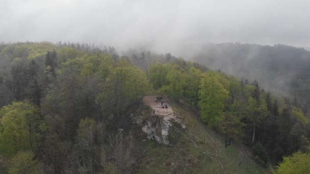 在多雾和多云的天气里 位于黑森林的山顶上的Zeller Horn Viewpoint的人们 — 图库视频影像