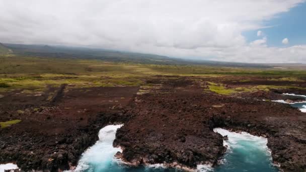 Revelou Campos Lava Costa Rochosa Big Island Havaí Pullback Aérea — Vídeo de Stock