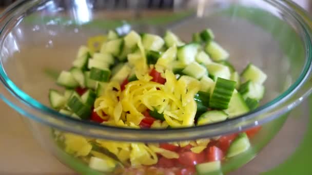 Menambahkan Acar Pepperoncini Dalam Semangkuk Bahan Salad Cincang Pilihan Salad — Stok Video
