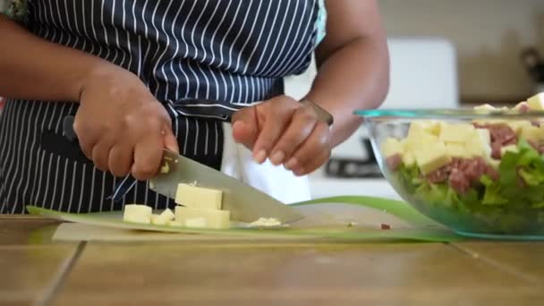 Dicing Cheese Add Chopped Salad Antipasto Salad Series — Stok Video