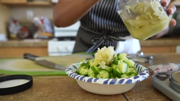 Misturando Chucrute Com Pepinos Outros Ingredientes Para Uma Salada Picada — Vídeo de Stock