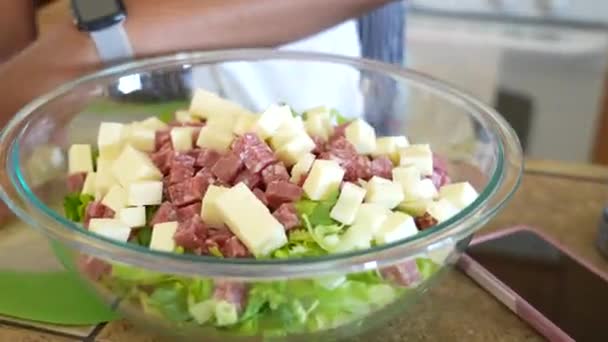 Adding Provolone Cheese Chopped Salad Antipasto Salad Series — Stock Video