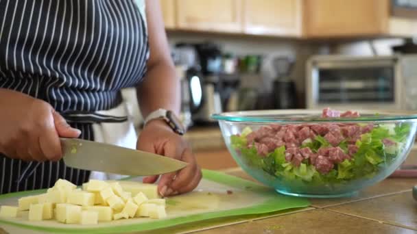 Krájení Bílého Jemného Sýra Kostky Přidání Nakrájeného Salátu Antipasto Salad — Stock video