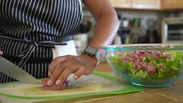 Salami Krojenia Aby Dodać Białko Posiekanej Sałatki Antipasto Salad Series — Wideo stockowe