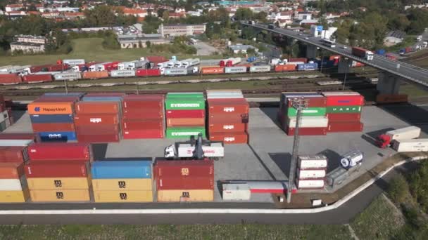 Spreader Unloading Container Truck River Cargo Port Melnik Aerial View — Stock Video