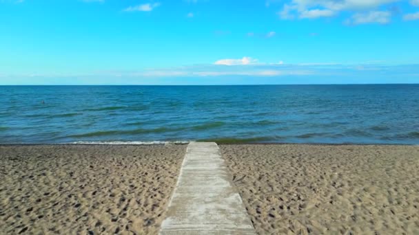 Aerial Flight Concrete Path Water Edge Wheelchair Accessible Beach — Stock Video