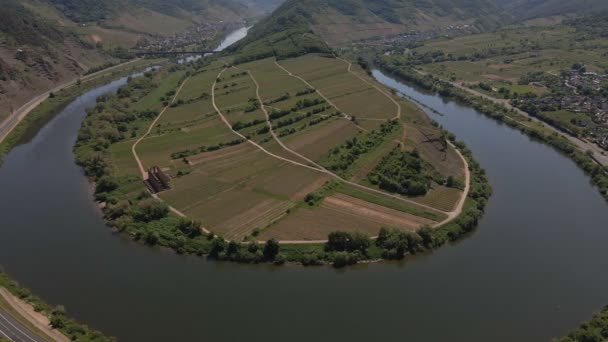 Tiro Aéreo Giratorio Alrededor Los Viñedos Bremm Moselle Loop Vast — Vídeo de stock