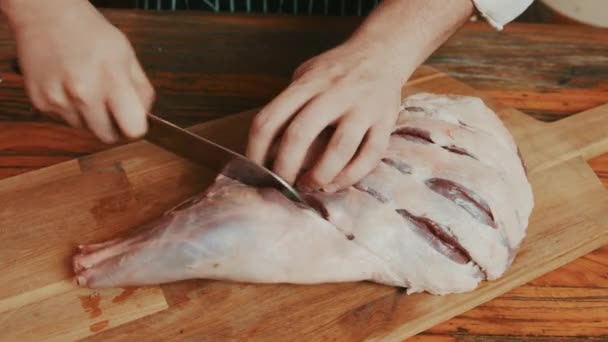 Chef Knife Slicing Thick Chunk Lamb Piece Leg Precision — Stock Video