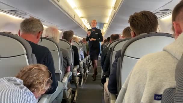 Flygvärdinna Aisle Commercial Sas Flight Väntar Att Säkerhetsanvisningar — Stockvideo