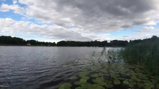 Timelapse Nuvens Escuras Brancas Fluem Através Céu Azul Nublado Sobre — Vídeo de Stock