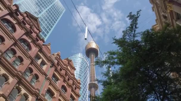 Sydney Westfield Tower Morgan Och Historiska Skyskrapor Sydney Kamera Tittar — Stockvideo