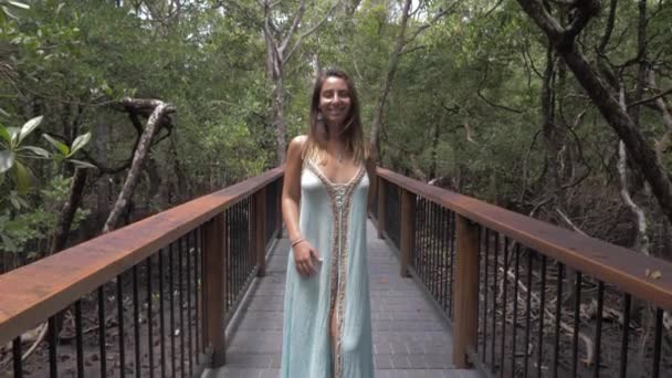 Lovely Woman Alluring Dress Look While Standing Bridge Daintree Rainforest — Stok Video