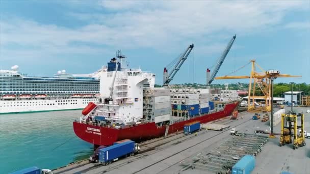 Navire Grue Déchargeant Des Conteneurs Navire Chargé Dans Des Camions — Video