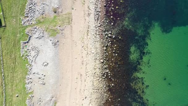 Fåglar Blickar Över Steniga Kusten Grönt Gräs Sandstrand Och Turkost — Stockvideo