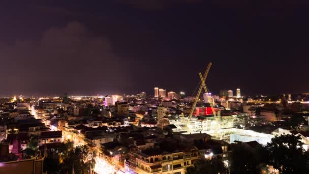 Phnom Penh Cityscape Kranen Bouwplaats Voorgrond — Stockvideo