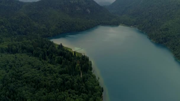 Літаючи Над Прекрасним Озером Галявині Лісу Біля Гір Камера Нахиляється — стокове відео