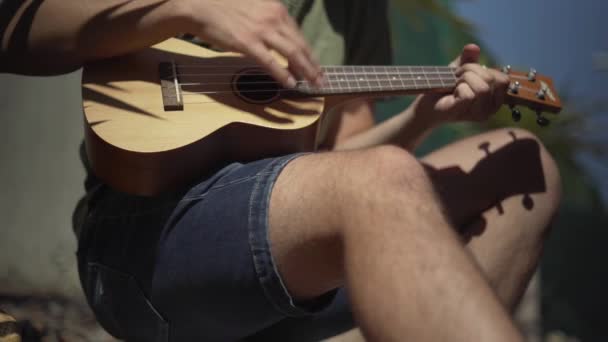 Ember Játszik Egy Ukulele Lövés Alulról — Stock videók