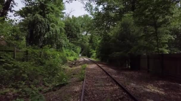 4K森林中被遗弃的火车轨道的空中飞行 — 图库视频影像