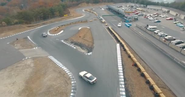 Aerial Drone Shot Two Drift Cars Taking Practice Lap Race — Stok Video